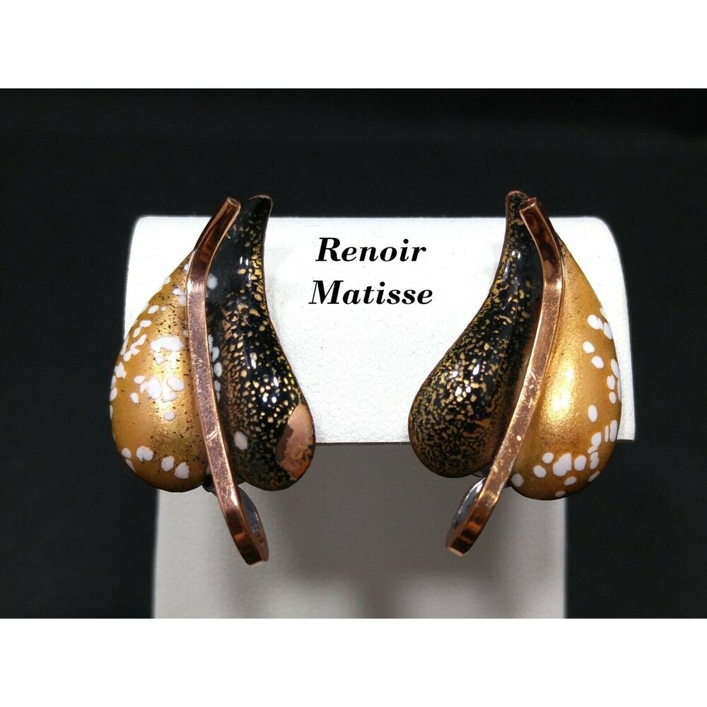 Vintage Matisse Renoir Copper Enameled Clip On Earrings, Copper Black & White